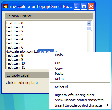 Editing a ListBox item in the Demonstration Project.
