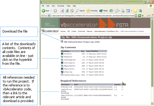 Download Page Features: Listed download contents and dependencies, linked to any vbAccelerator dependent code