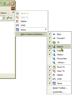 Chevron showing extra buttons and customise toolbar menu