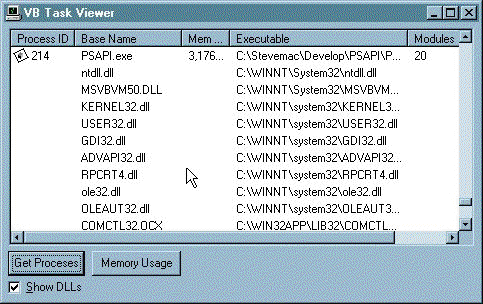 Viewing DLLs in the Working set of the task view application